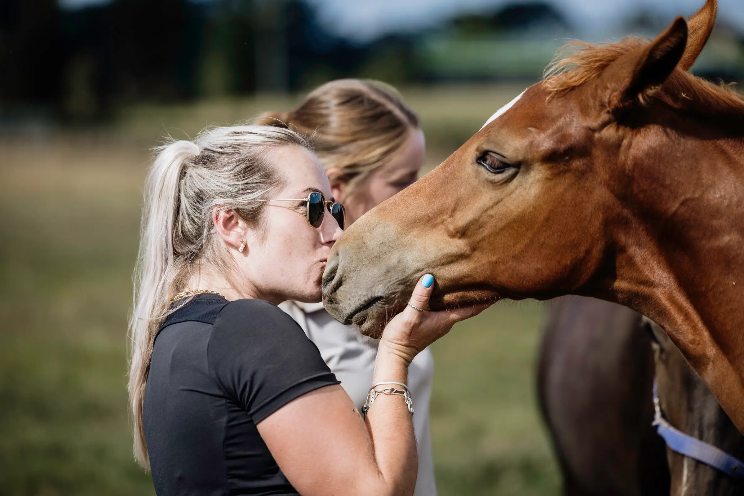 A rider in sunglasses kissing the muzzle of a chestnut horse in a paddock