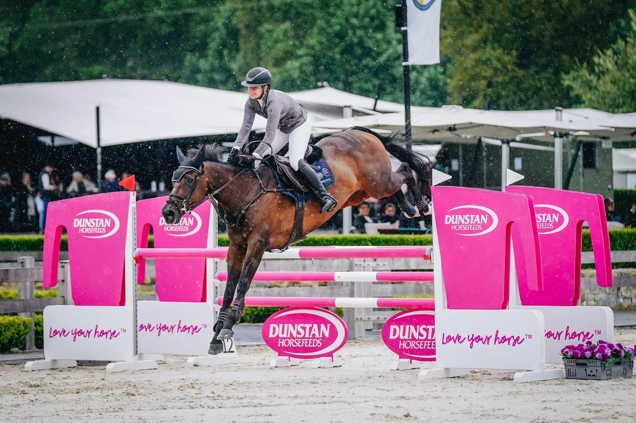 A horse and rider clearing a magenta Dunstan Horsefeeds jump in the rain